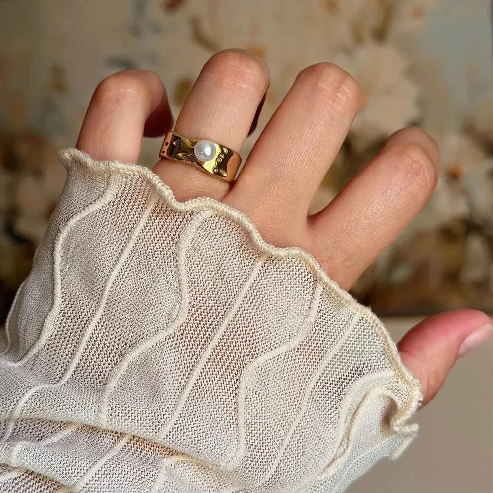 Gold Pearl Wide Band Statement Ring